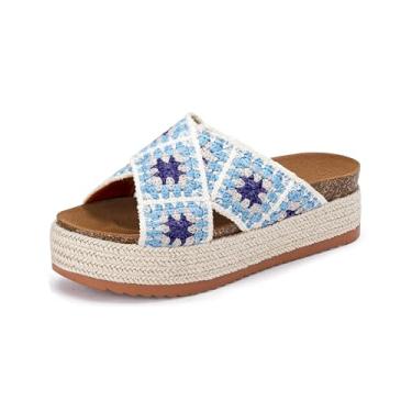 Imagem de Coutgo Sandálias Femininas Plataforma Alpargatas Flatform Floral Crochê Cortiça Bico Aberto De Praia Verão, Azul, Tamanho 6,5