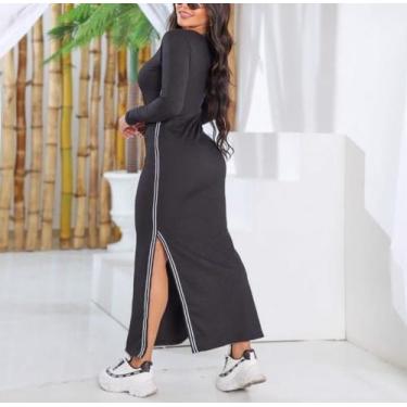 Imagem de Vestido feminino longo canelado manga longa fenda lateral listra fina 