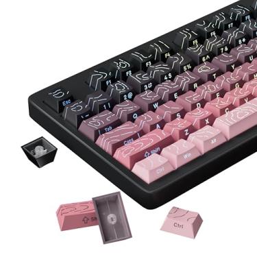 Imagem de Teclas Shine Through PBT – Conjunto de tampas de teclas de tiro duplo com impressão lateral rosa, 135 teclas, 60, 65, 75, 100% cereja, perfil cereja, topográfico gradiente, teclas personalizadas