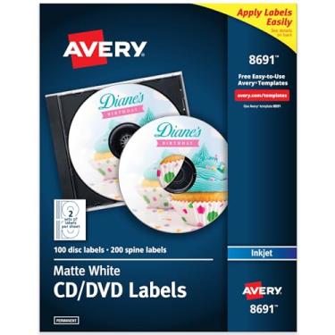Imagem de Avery Etiquetas de CD imprimíveis, branco fosco, adesivo permanente, compatível com impressora jato de tinta, 100 discos e 200 etiquetas de lombada, ideal para CDs, DVDs, discos de PC, projetos de