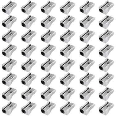 Imagem de Frienda Pacote com 48 mini apontadores de lápis de metal prata de liga de alumínio com orifício único Apontador manual Apontador de lápis de bolso manual para lápis de tamanho padrão