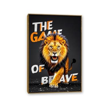 Imagem de Arte inspiradora de parede de escritório rugindo ouro emoldurado leão selvagem e feroz impressão em tela pôsteres de animais citações motivacionais imagens para decoração de parede de quarto masculino