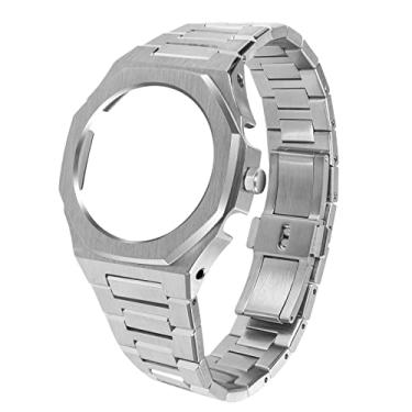 Imagem de Hontao GA2100 5º modelo Home Oak All Metal Bezel Strap Estilo Simples Pulseiras de Relógio In-One para G-SHOCK GA2100/2110 Acessórios (Prata com coroa)