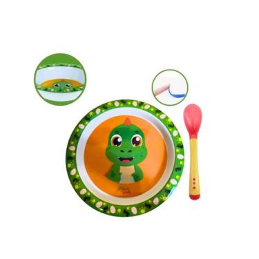 Imagem de Pratinho Fundo + Colher Silicone Kit Infantil Seguro - Arts, Dino