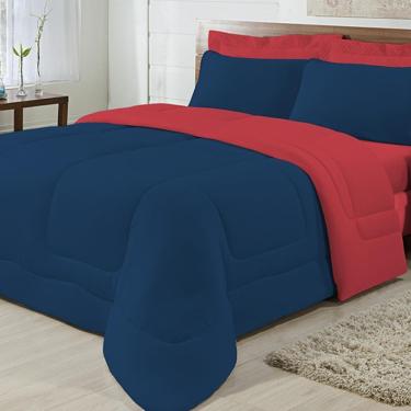 Imagem de Kit 05 Peças Edredom Casal Queen Azul Marinho com Vermelho