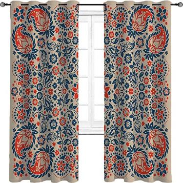 Imagem de Cortina blackout Paisley com ilhós, padrão floral ornamentado cultural, cortina de isolamento de cozinha com tratamento de sombreamento completo, L 132 x C 182 cm azul noturno