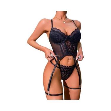 Imagem de Conjunto de Lingerie Floral com Renda - Sutiã com Aro, Calcinha e Garg
