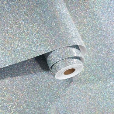 Imagem de Papel de parede com glitter prateado para parede brilhante a laser para paredes quarto papel de contato autoadesivo brilhante para gaveta de cômoda forro removível DIY decoração artesanato envoltório