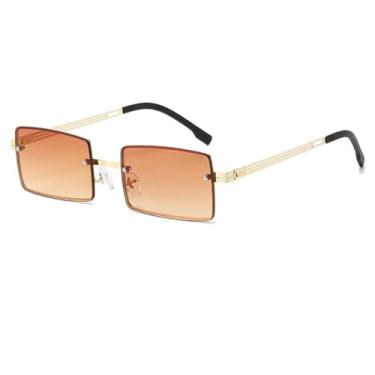 Imagem de Óculos de sol sem aro da moda feminino, retangular, com lentes degradê, UV400 (dourado-marrom)