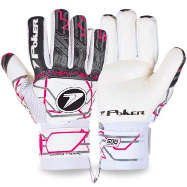 Imagem de Luva De Goleiro Poker Champion 9 Semi Profissional Multiterreno Flat Macia Confortável Grip Látex Reforçada Punho Ajustável Elástico (Branca-Rosa, 11)