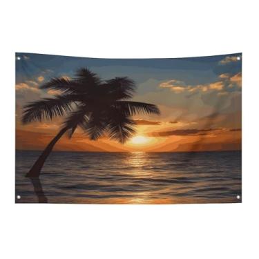 Imagem de Bandeira com quatro furos bandeiras para todos os climas, pôr do sol, palmeira, oceano, estampado, bandeira decorativa, bandeiras de poliéster adequadas para uso interno e externo 89 x 159 cm