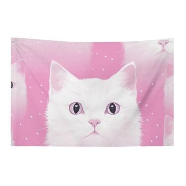 Imagem de Bandeira com padrão de gato branco 152 x 243 cm, sem desbotamento, bandeira de boas-vindas, jardim, quintal, bandeira, decorativa, jardim, quintal, interior, exterior, decoração de festa, decoração de