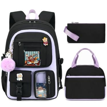 Imagem de 3 mochilas para laptop, mochila escolar de 40,6 cm, mochila universitária com lancheira, conjunto de bolsas de lápis de viagem Kawaii para meninas, Preto, roxo
