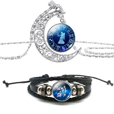 Imagem de Ailiessy Colar com 12 constelações, 12 constelações, pingente de lua do zodíaco, conjunto de pulseiras de couro trançado para mulheres, joias de pedras preciosas, Metal, Strass