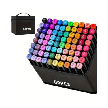 Imagem de Conjunto de Canetas Marcador Permanente de Ponta Dupla 80 Cores, Arte e Desenho.