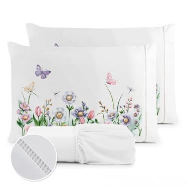 Imagem de Kit Jogo De Cama Estampado 400 Fios Ponto Palito(Borboleta Lençol Branco,Casal Queen 03 Peças)