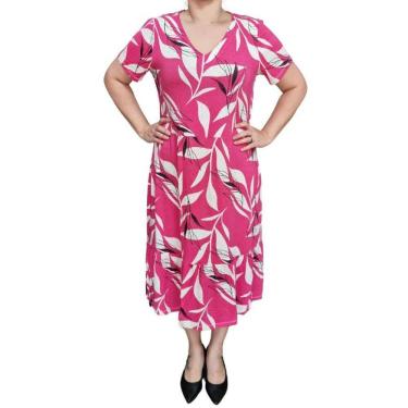 Imagem de Vestido Biografia Estampa Folhas Rosa Plus Size