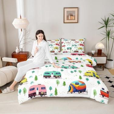 Imagem de Manfei Conjunto de edredom solteiro Happy Camping, trailers para trailers, 2 peças, tema de viagem e aventura para todas as estações, decoração de quarto de crianças e adolescentes, 1 fronha, sem