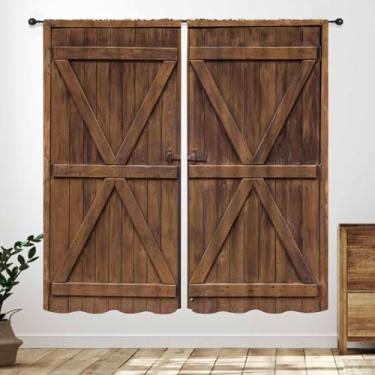 Imagem de Cortinas rústicas para cozinha, casa de fazenda, porta de celeiro velho ocidental, tábua de madeira, estampa de vila, país, cortinas de janela para café, sala de estar, quarto, armário, 2 painéis, 106