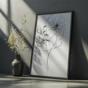 Imagem de Quadro Decorativo Rosto Flor Minimalista Com Moldura Arte Feminina Linhas Delicadas Moderna Abstrata Desenho Preto e Branco
