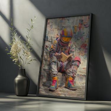 Imagem de Quadro Decorativo Astronauta Leitura Com Moldura - Espaço Viagem Leitor Geek Livros Universo Infantil Juvenil Colorido Divertido