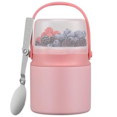 Imagem de Pote de comida isolado 2 em 1 com um recipiente de lanche - Sopa térmica infantil de 425 g para comida quente com alça e colher, lancheira Bento à prova de vazamento infantil, perfeita para escola e