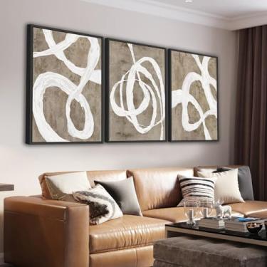 Imagem de Decoração de parede Boho emoldurada - Impressões abstratas de pintura em linha marrom e branca 40,6 cm x 61 cm Conjunto de 3 imagens geométricas modernas arte em tela minimalista para sala de estar