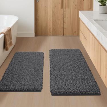 Imagem de ACCUMTEK Tapete de banheiro cinza escuro 2 peças Upgrade Luxury 81.3 cm x 50.8 cm + 61.0 cm x 43.2 cm, tapetes de banho ultra macios e espessos, tapete de banheiro de chenille antiderrapante para