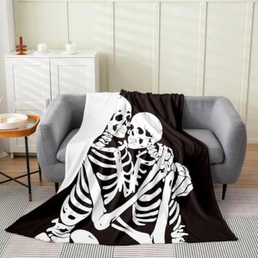 Imagem de Cobertor de flanela de casal esqueleto para meninos e meninas - cobertor de lã com tema de Halloween super macio e quente - preto e branco - tamanho Queen (228 x 228 cm)