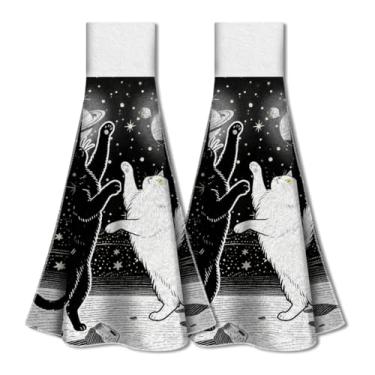 Imagem de WADORN Pacote com 2 toalhas de pendurar para cozinha para gatos com laço, toalha de gravata de mão de gato preto e branco decorativa de microfibra macia absorvente toalha de chá 31,5 x 34,3 cm para