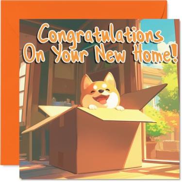 Imagem de Stuff4 Cartão Happy New Home para homens e mulheres - Cão - Cartão de felicitações de inauguração de casa para amigos, família, colega, vizinho, cartões comemorativos para aquecimento de casa de 14 cm