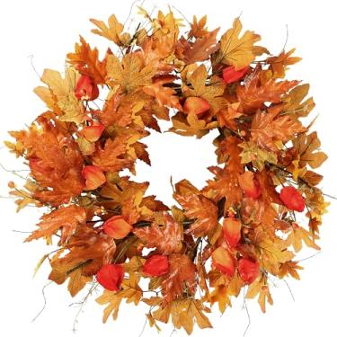 Imagem de Sggvecsy Guirlanda de outono, 53 cm, guirlanda artificial para a porta da frente de outono com folhas de bordo laranja, lanterna, fruta, bagas, capa de groselha, para ambientes externos, decoração de