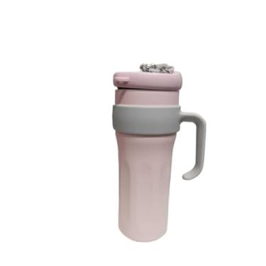 Imagem de Garrafa Térmica de Inox 1200ml com Canudo, Alça e Tampa(rosa+cinza)