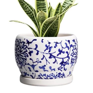 Imagem de SQOWL Vaso de cerâmica de 15 cm - vasos de cerâmica internos com orifício de drenagem e pires, vaso de flores redondo de cerâmica ao ar livre, vaso decorativo de porcelana, decoração de quintal