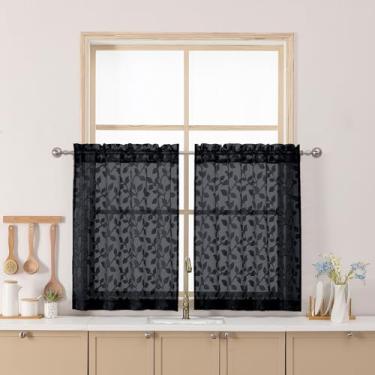 Imagem de Chyhomenyc Cortinas pretas transparentes de 76 cm de comprimento, cortina de cozinha de janela pequena com filtro de luz tufada texturizada sobre a pia, cortinas curtas de meia janela para porão de