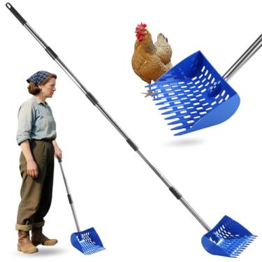 Imagem de CusFirst Colher de cocô de galinha 2 em 1 Design 2025 – Alça ajustável de aço inoxidável de 66 a 172 cm, colher de lixo resistente com ancinho embutido, design durável para galinheiros de quintal