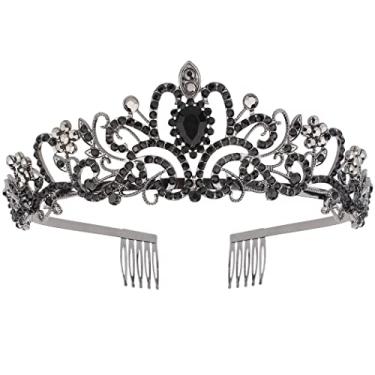 Imagem de CURASA Coroa de cristal preto lindas tiaras para mulheres, coroa de princesa com pentes, coroa de aniversário para meninas, tiara de fada para presentes, acessórios de cabelo fofos para festa de