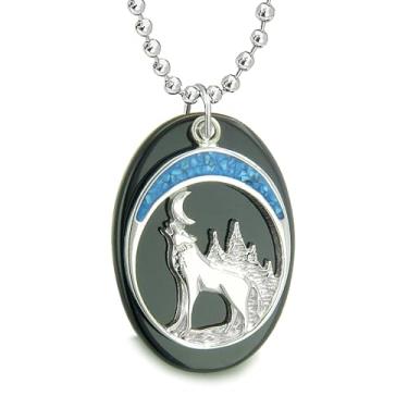 Imagem de Colar de lua com detalhes de lobo uivante turquesa - Joias de pedras preciosas espirituais - Amuletos da série I am Moonlight, 18" CHAIN - Black Agate, pedra preciosa Aço inoxidável, Ágata Ágata Ágata