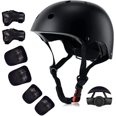 Imagem de Capacete infantil infantil conjunto de equipamentos de proteção esportiva para meninos e meninas com joelheiras, cotoveleiras, protetores de pulso, capacete de skate juvenil para crianças