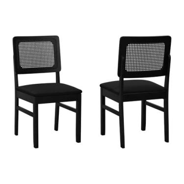 Imagem de Kit 2 Cadeiras Madeira Maciça Lyon Encosto Telinha - Preto - Assento Estofado Linho Preto Textura