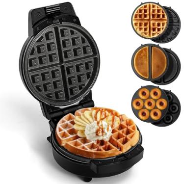Imagem de Mini máquina de waffles com 6 pratos removíveis, máquina de waffle pequena 3 em 1 mini waffle, panqueca, donut, ferro de waffle antiaderente de 15 cm para crianças e famílias, preto