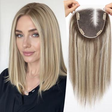 Imagem de Topart Topper de cabelo totalmente amarrado à mão para mulheres Remy cabelo humano lace front topper 35,5 cm x 15,5 cm capa de peruca parcial cabelo fino ou perda sem franja (ombré marrom mistura