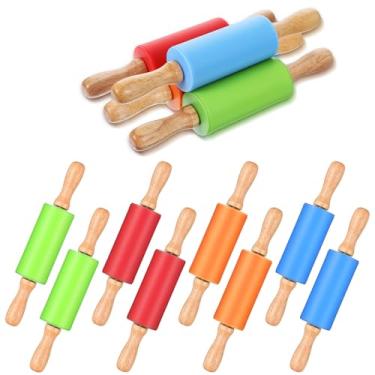 Imagem de 12 peças de rolo pequeno, 23 cm, mini rolo de massa de madeira de silicone, 4 cores, antiaderente, com cabo de madeira, para cozinha, massa, biscoito, fondant e bolo