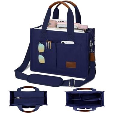 Imagem de KKXIU Bolsa feminina grande de lona com zíper e compartimentos, bolsa carteiro bíblica de trabalho transversal com bolsos, Azul marinho, X-Large
