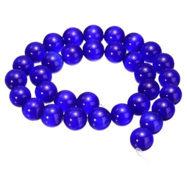 Imagem de HARFINGTON 32 contas de pedra olho de gato azul safira 12 mm contas soltas de cristal de pedra preciosa lisa redonda para fazer joias, pulseiras, colar, brincos, faça você mesmo