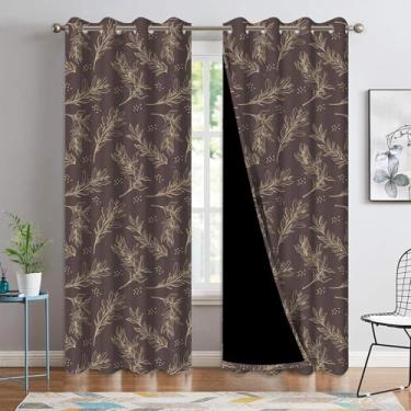 Imagem de Cortinas blackout marrom escuro, 203 cm de comprimento, 2 painéis (90% de bloqueio de luz, escurecimento do ambiente, isolamento térmico e privacidade), cortinas de janela vintage com estampa de folha