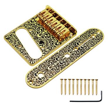 Imagem de TUOREN Conjunto de placa de ponte de selim de rolo de 6 cordas com padrão esculpido, placa de controle de interruptor de 3 vias compatível com guitarra elétrica estilo Telecaster Tele (ouro)