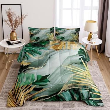 Imagem de Conjunto de cama queen com textura de mármore, folhas tropicais verdes, decoração de quarto de meninas, conjunto de colcha de 3 peças, folhas de palmeira da selva, conjunto de edredom com plantas