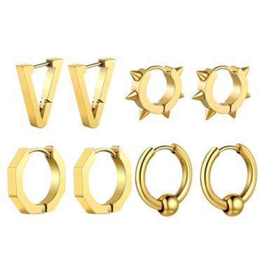 Imagem de Brincos de argola de aço inoxidável 316L da ChainsHouse, punk Statement Hipoalergênico Cirúrgico Brincos de argola para homens e mulheres, Gilrs, caixa de presente Dourado