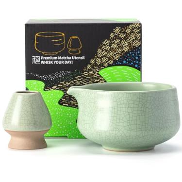 Imagem de TEANAGOO Tigela Matcha com bico, conjunto de tigela matcha de cerâmica e suporte de batedor, 2 peças Macha Chawan 510 ml, verde claro fosco com costura preta com suporte, tigela de chá verde, conjunto